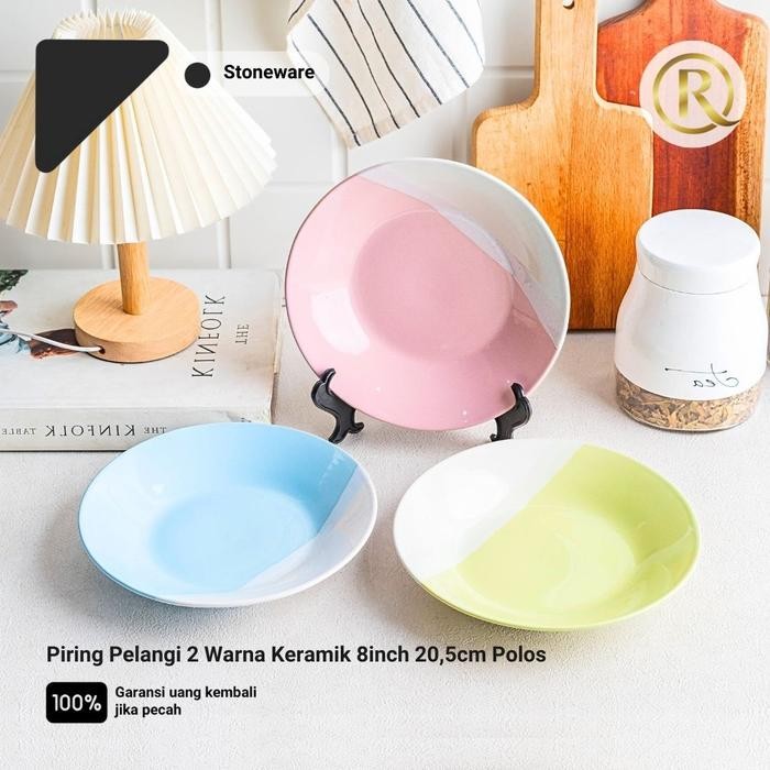 Piring Pelangi 2 Warna Stoneware Keramik 8inch 20.5cm Polos