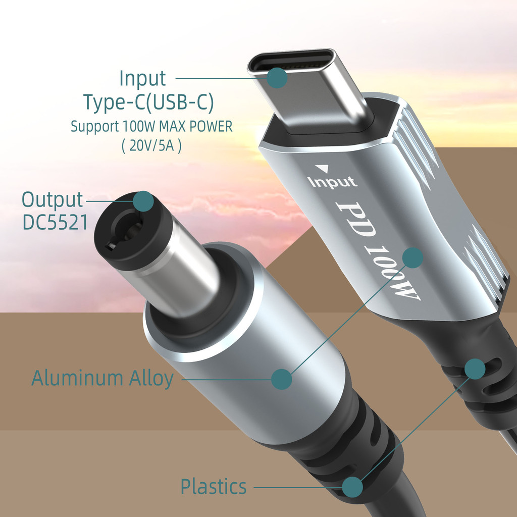 USB C/Type-C to DC 5.5mm x 2.1mm Laptop Power Charging Cable (dc5521), 20V USB Type C Male Input to