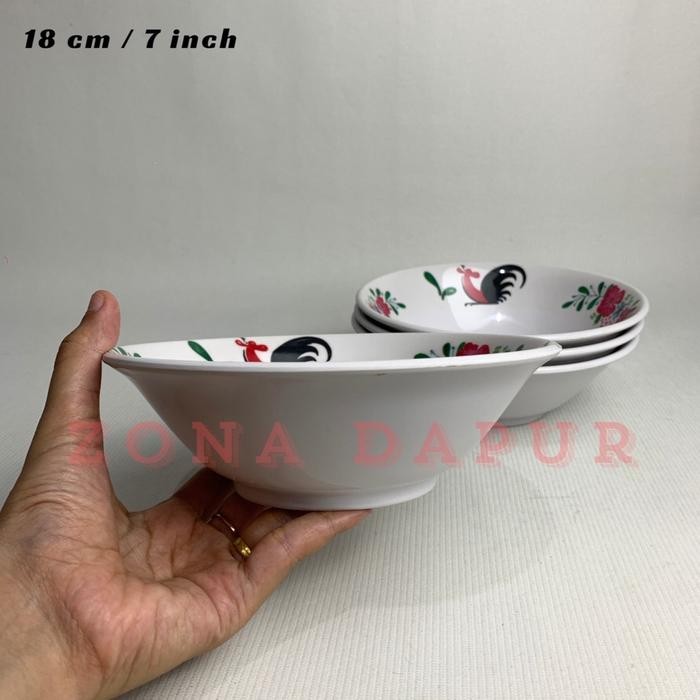 (6 pcs) - Mangkok Melamin Cap Ayam Jago 7 inch /18 cm, Mangkuk Melamin Bunga ayam Jago Model Ceper ,