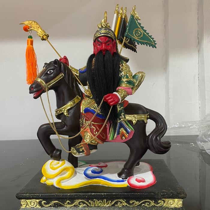 Patung Kwan Kong Guanyu Naik Kuda Bahan Kayu 12In