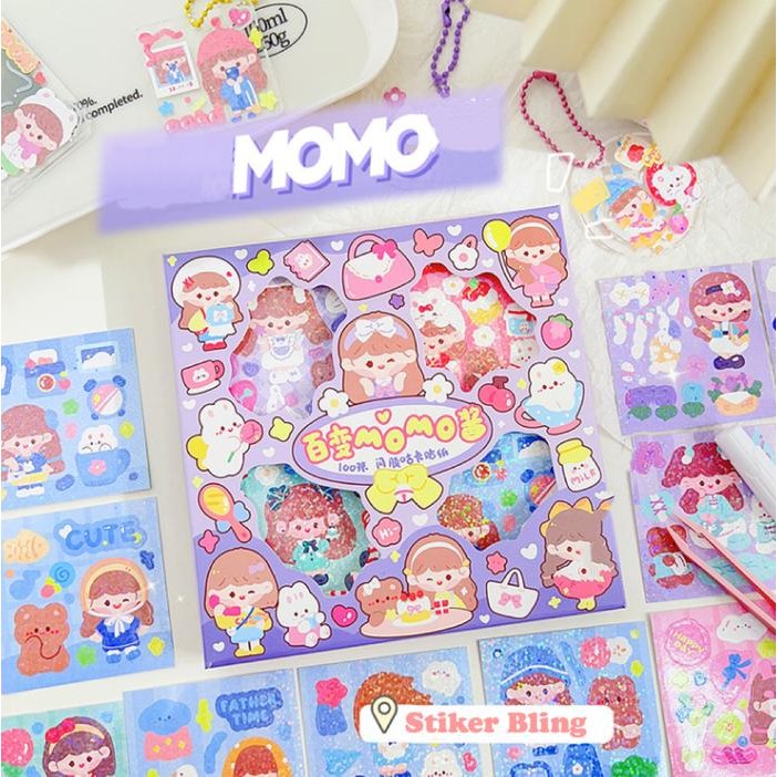 

Stiker 1 Box isi 100 Lembar Motif Momo Glitter Glossy Bling Buat Dekor Photocard Girl Kertas Buku