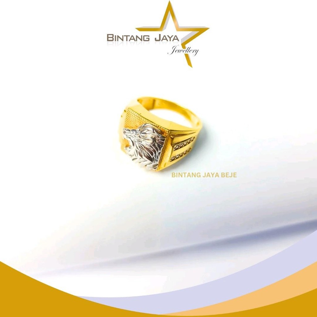 Cincin Cowok Emas Ukir Lion Crum Putih Samping Mata Putih - Kadar (16K) Berat 9,83gr Size 19 - Desai
