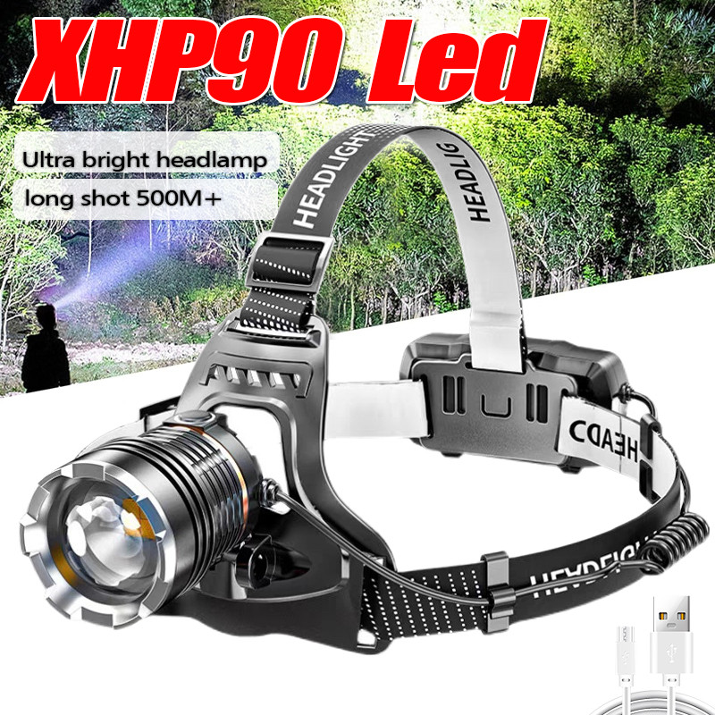 Rechargeable XHP90 LED Headlamp Waterproof Head Light Fishing Searching Camping Head Flashlight Zoom