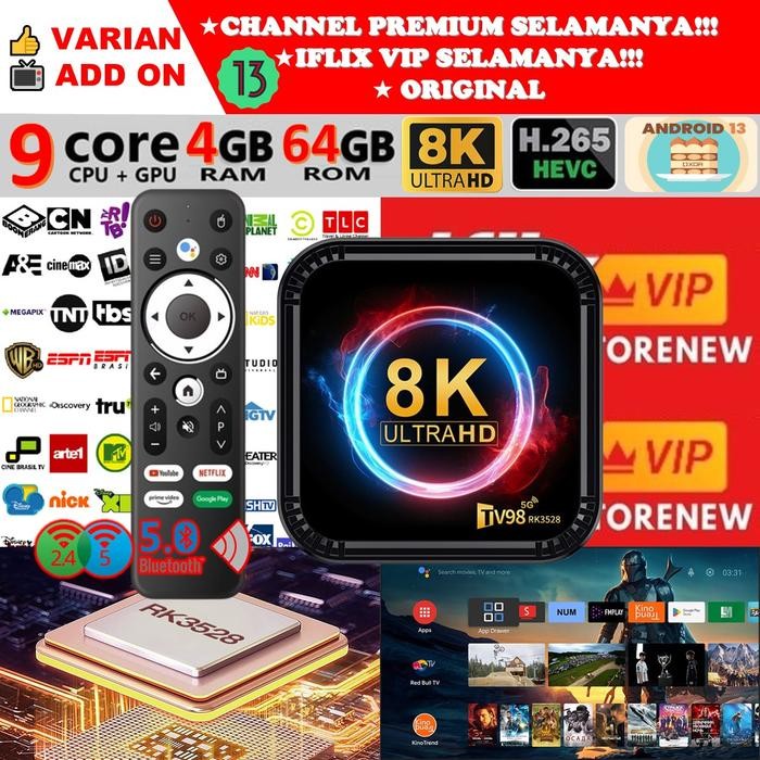 STB Android 13 Smart TV Box Android TV98 Voice Remote Ram 4GB Rom 64GB 4/64 Unlock Full Channel TV