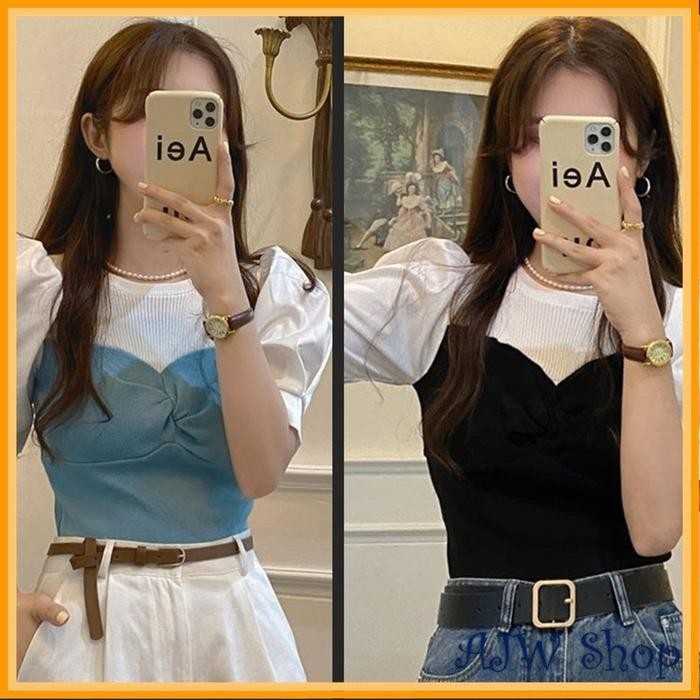 (Expert) AJW [HAF] Blouse Rajut Wanita Lengan Pendek Blouse Rajut Lengan Balon Pendek Blouse Crop