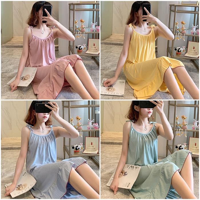 15ED Daster Korean Tali Satu Baju Tidur Wanita Dewasa Motif Polos Tanpa Lengan Dress Piyama