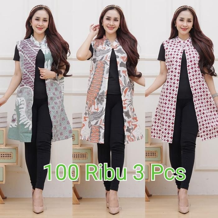100 3 Pcs Outer Batik Wanita Blazer Batik Atasan Wanita Modern Long Outer *