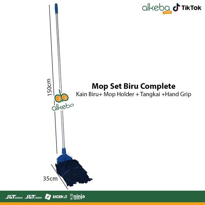 PREMIUM Mop Pel Set Biru Komplit - Alat Pel Gagang Panjang (Kain Pel + Mop Holder + Tangkai