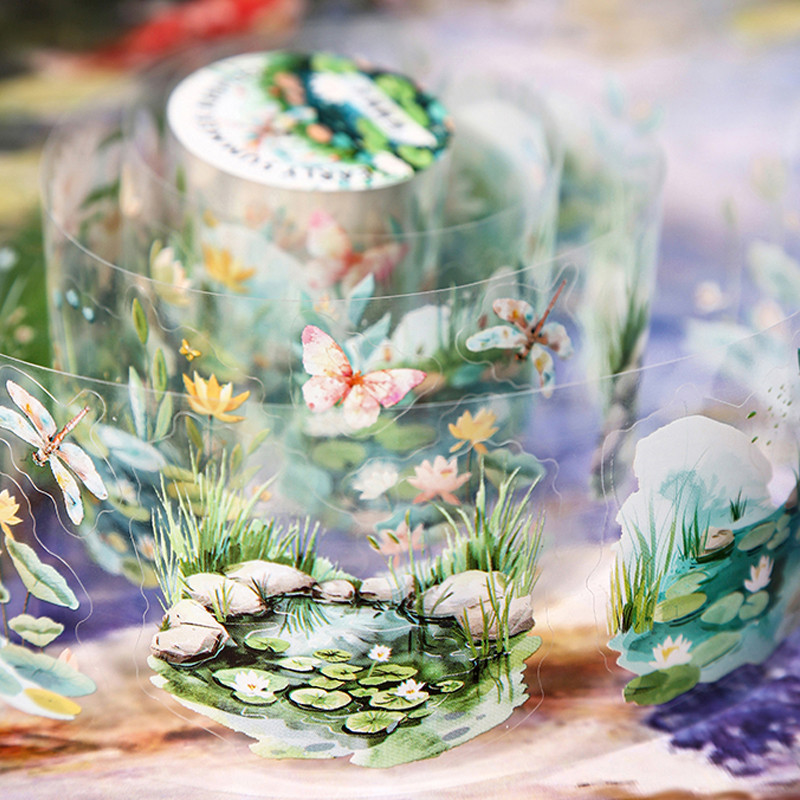 

2Rolls/bag Pond Theme Die-cut Tape Early Summer Ripples Series Handbook Art Tape DIY