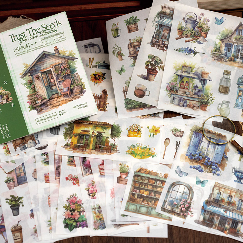 

50Pcs/book Japanese paper die-cut sticker book retro landscape characters cabin forest