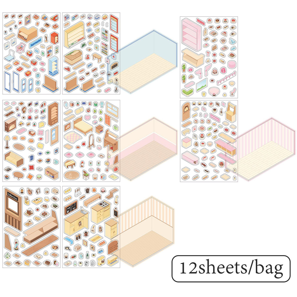 

12Pcs/bag sticker scene 2.5D scenery sticker stationery sticker kawaii DIY handbook