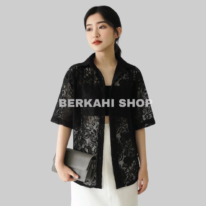 6H27 Outer Brokat Kondangan Kekinian Bahan Premium Baju Kancing Wanita Pendek Atasan Hitam
