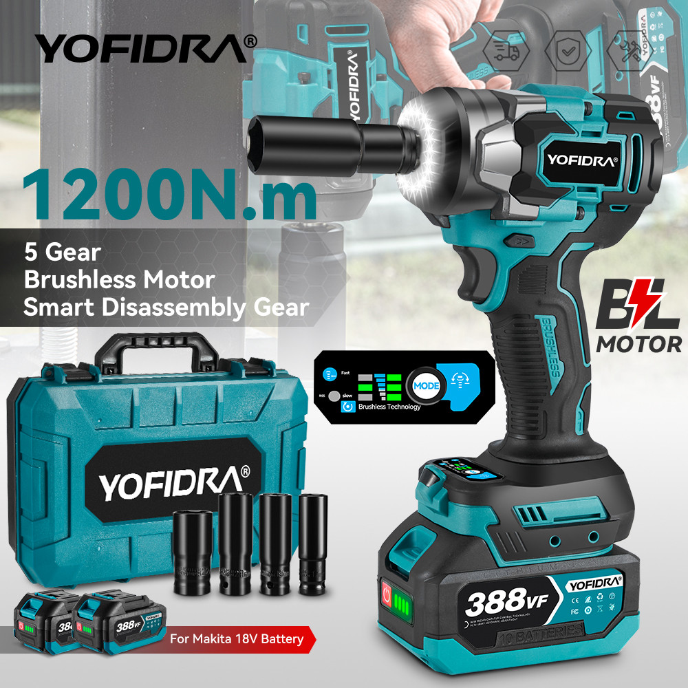 yofidra 1200N.M Brushless Electric Impact Wrench 5 Gears 1/2 Kunci Impact