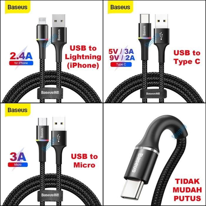 (Allthebest) Baseus Halo USB to Micro Type C Lightning iPhone Cable Fast Charge PD