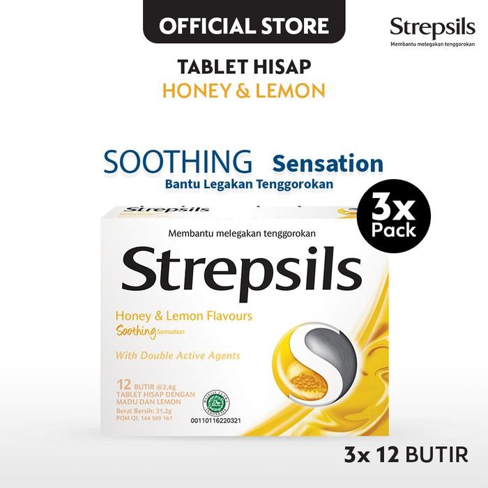 

4ZMI Strepsils Soothing Honey Lemon 12S X3 - Permen (Tablet Hisap) Pelega Tenggorokan