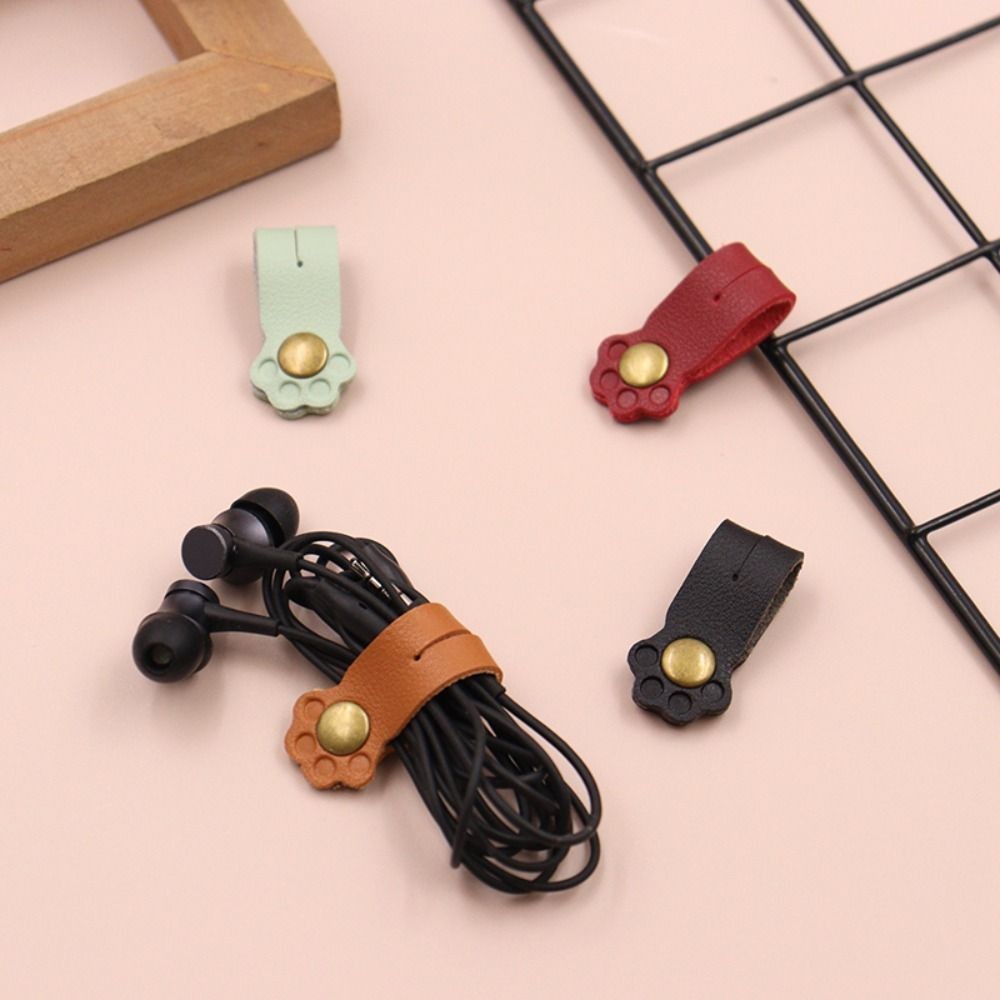 PU Leather Cable Winder Portable Buckle Wrap Earphone Cord Winder Fixing Cute Cartoon Headphone Wire