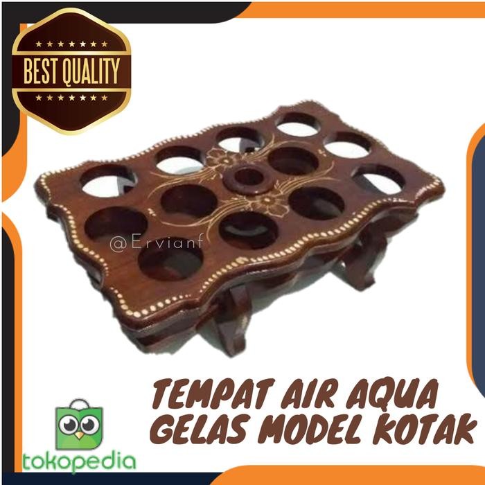Tatakan/tempat air aqua gelas kayu jati ukir cukit model kotak