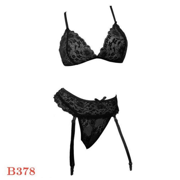 NEW!!! Pakaian Dalam Wanita Sexy B378 Bra Set Bralette Hitam Garter Belt Stocking