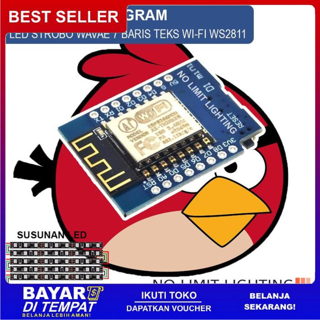 FREE ONGKIR CHIP WEMOS MODUL LED STROBO WAVE KACA MOBIL TEKS WI-FI 7 BARIS UBAH TEKS VIA ANDROID