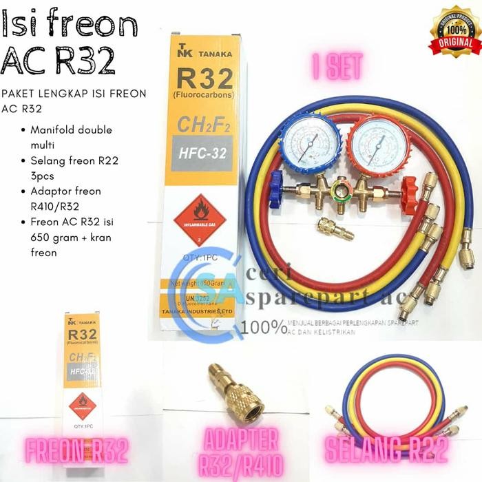 Paket isi freon AC R32 manifold double selang krant freon R32 650gram