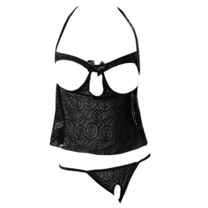 NEW B051 Set Pakaian Dalam Wanita BH Bra Bralette Cami Halter CD T-Back Hitam Transparan