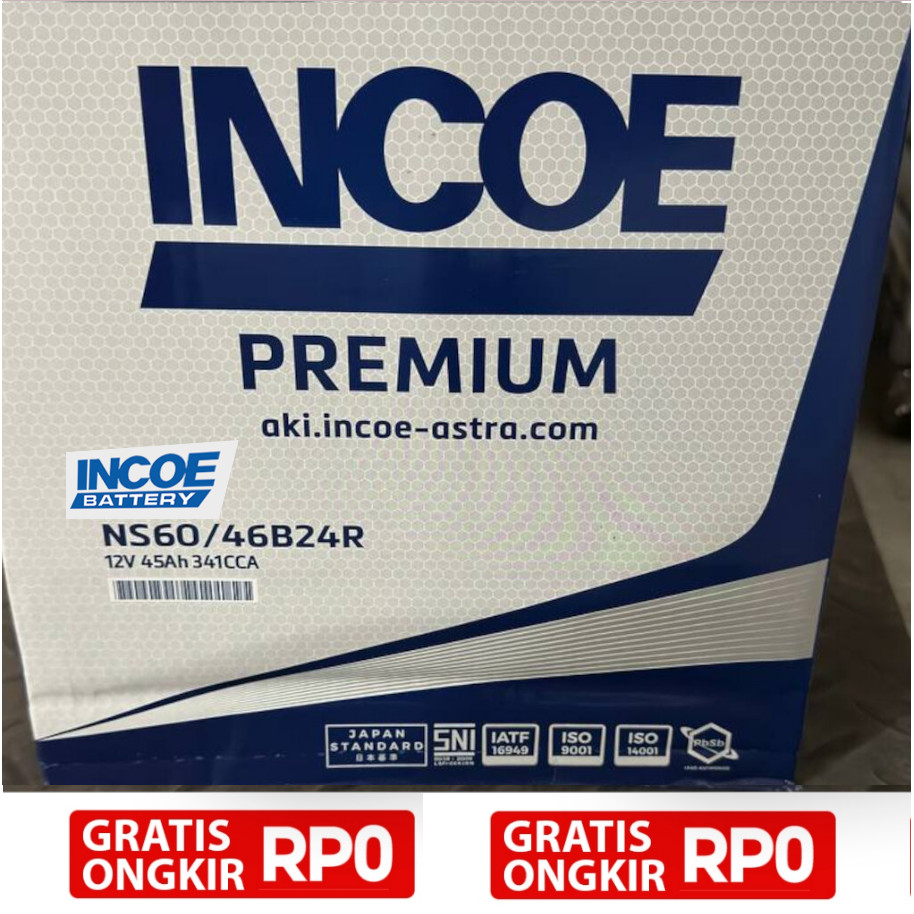 Incoe 46B24R NS60 Aki Mobil Kering 12V 45Ah Bebas Perawatan Original Premium