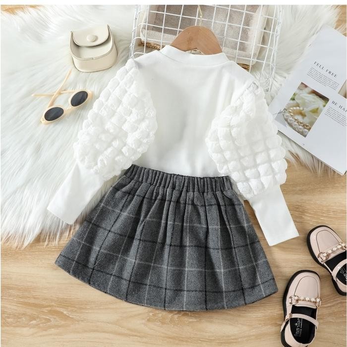 Kfo13-Setelan Set Anak Perempuan Blouse Crinkle + Rok Fanel Kotak2
