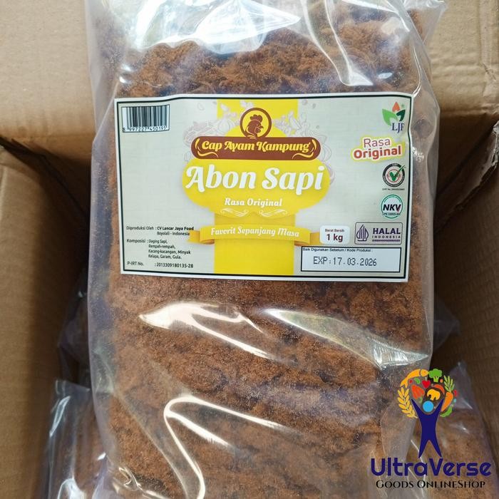 

Abon Sapi cap Ayam Kampung Kualitas PREMIUM ENAK NIKMAT HALAL ISI 6 dalam DUS KARTON
