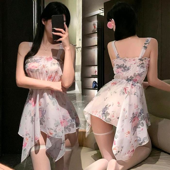 Dress Wanita Sexy Transparant Motif Bunga Cantik Baju Tidur Wanita F430 Daster Pendek Gaun Piyama