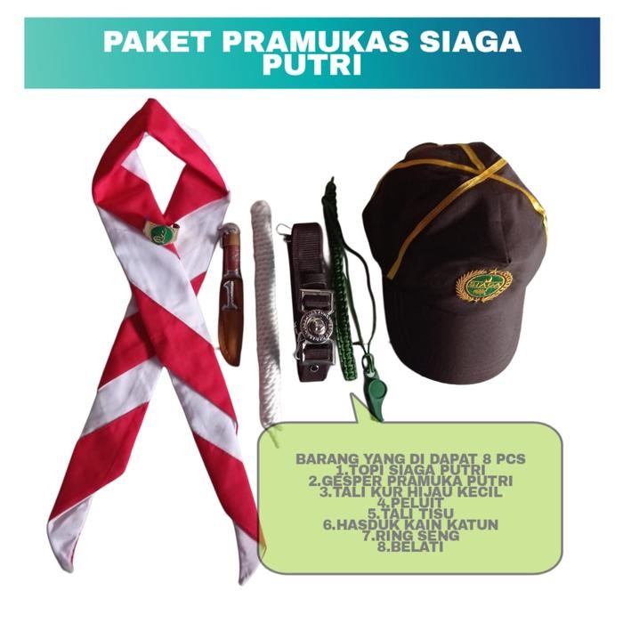 Paket Att Pramuka SD Siaga Putra/Putri Lengkap: Topi, Hasduk, Ring Hasduk, Gesper, Tali Pramuka,