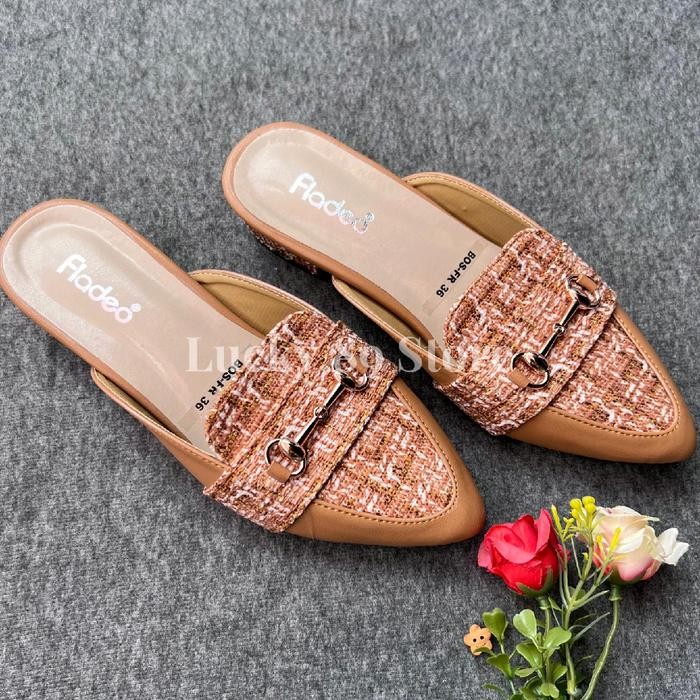 alfa Fladeo Sandal Selop Wanita Heels 3cm Variasi Brukat Belt Gold Modis Shoes