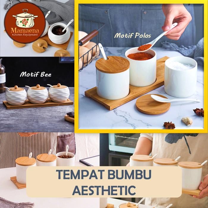 3 IN 1 SET TEMPAT / WADAH BUMBU DAPUR KERAMIK ALAS KAYU UNIK - *
