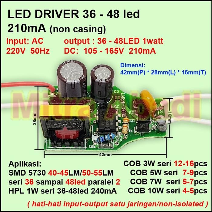 LED Driver 36-48x1 Watt 210 mA (NO IC) AC-DC Tanpa Casing *