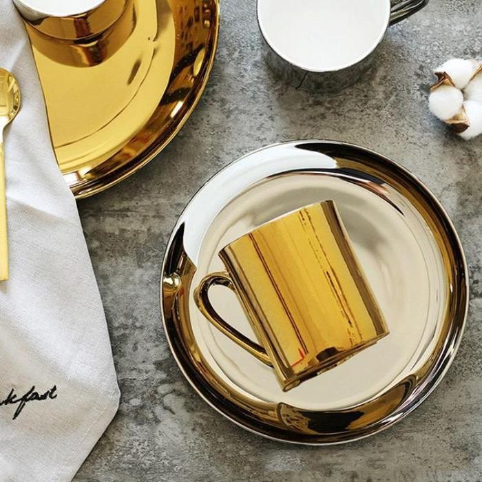 Piring Makan Keramik Warna Emas Elegan Dengan Lapisan Emas - Ceramic Gold Plate Plating