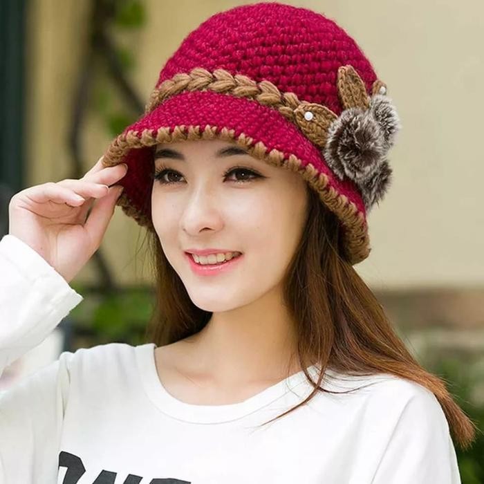Topi Wool Rajut Bunga - Topi Wanita Import