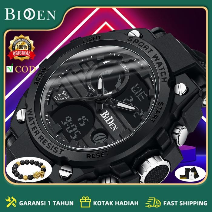 BIDEN Jam Tangan Pria Digital&Analog Olahraga Militer Pria Tali Silikon Jam Tangan Cowok