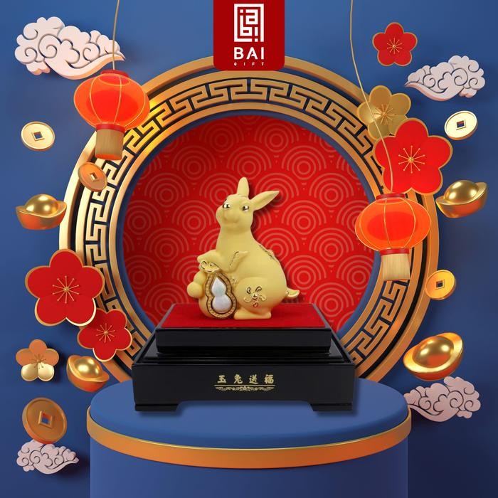 Pajangan Patung Shio Kelinci Hoki Lapis Emas 24K Patung Shio Kelinci Hadiah Best Quality Asli 100%