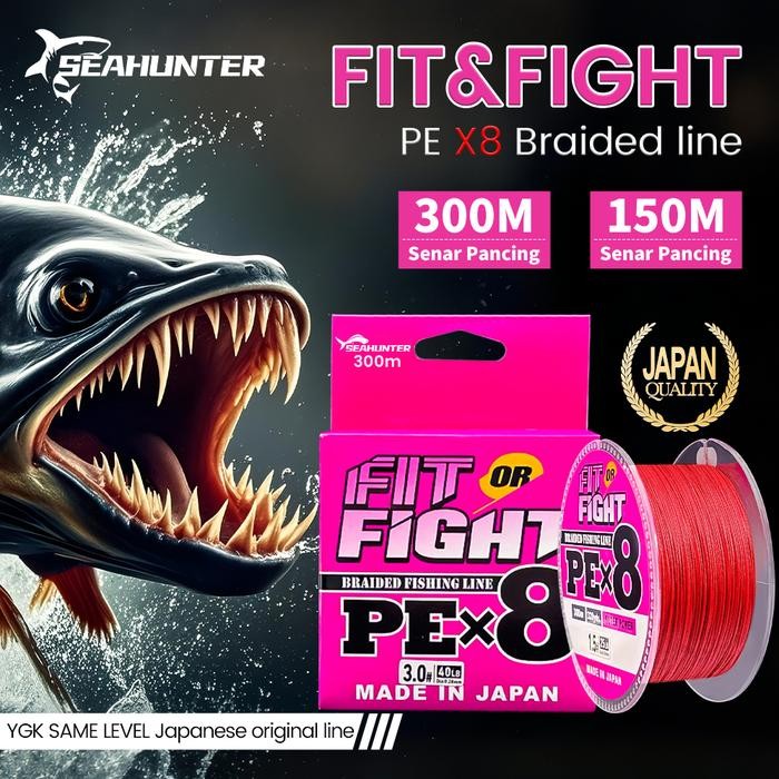 H5_T Seahunter 150M/300M Fit&Fight Pe X8 Senar Pancing, Tahan Aus Senar Pe X8 Hijau Merah