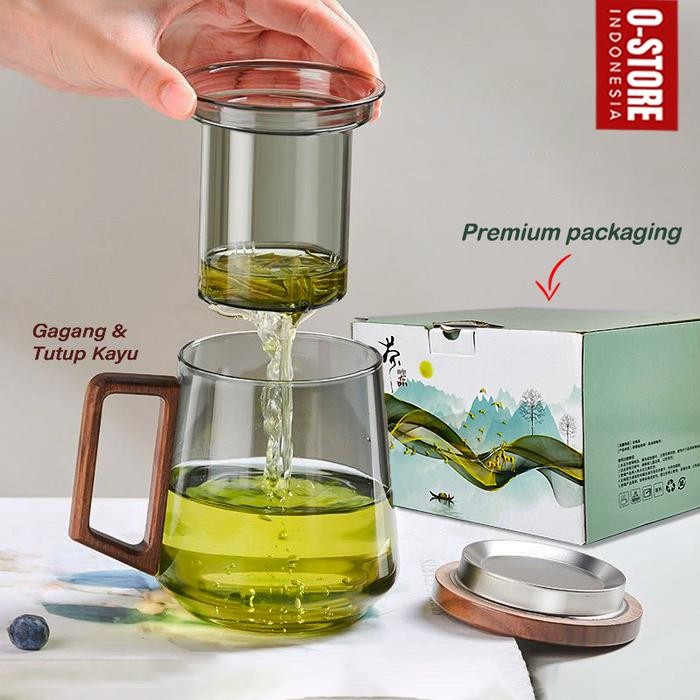 BSKU Gelas Kaca Tutup Kayu Souvenir Gelas Gelas Infuser Rempah Tahan Panas Premium Tea Mug