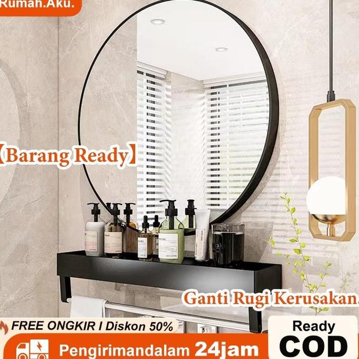 Cermin Gantung Dinding +Rak 60CM Cermin Bulat Cermin Kamar Mandi