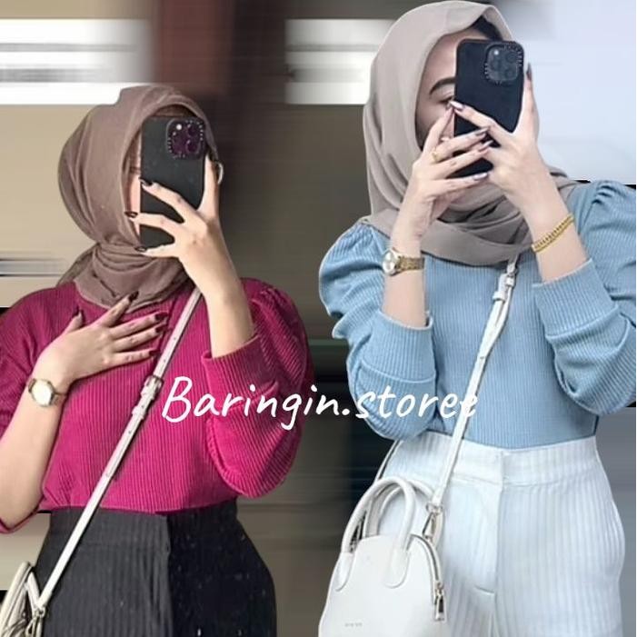 blouse waffle puffy lengan balon wanita/ blouse korean kekinian