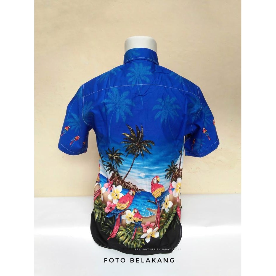 Baju Kemeja Motif Burung Macaw Dan Pantai - Lengan Pendek