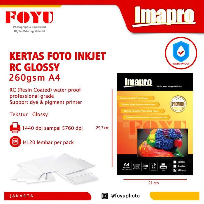

Kertas Foto Inkjet Imapro Professional RC Glossy Water Proof 260gsm A4