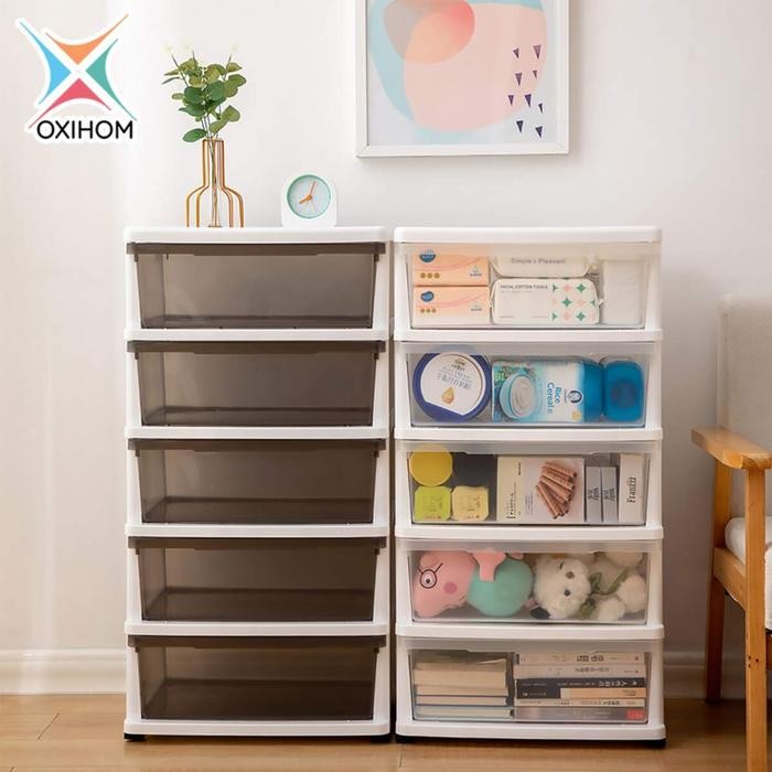 

Oxihom Lemari Plastik Susun Transparan Laci Plastik Lemari Pakaian Roda Furniture