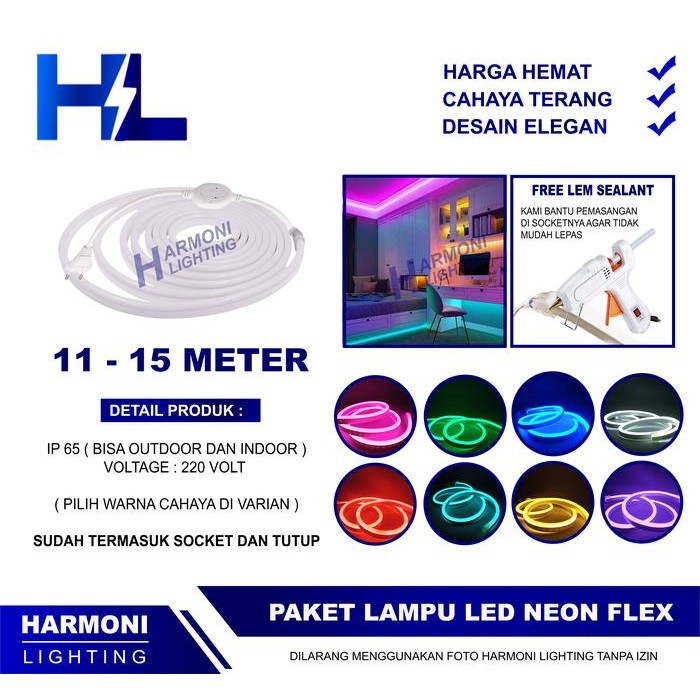 Paket Siap Colok 11-15 Meter Neon Flex LED Strip Lampu Selang Flexible