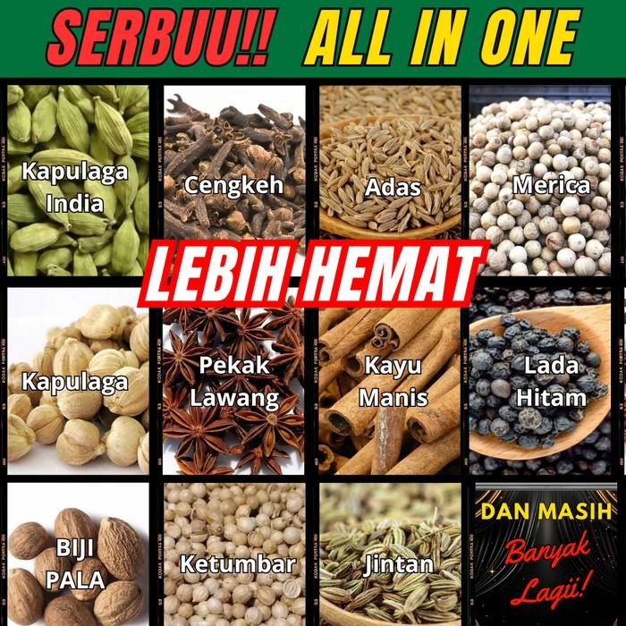 

ALL IN ONE 32 JENIS - PAKET KOMPLIT BUMBU REMPAH - Adas Jintan Ketumbar Kemiri Lada Pala bunga