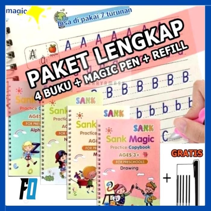

New (FO)Sank Buku Magic 3D /Buku Anak Belajar Menulis Angka & Huruf /1 Set 1si 4 Buku + Pen