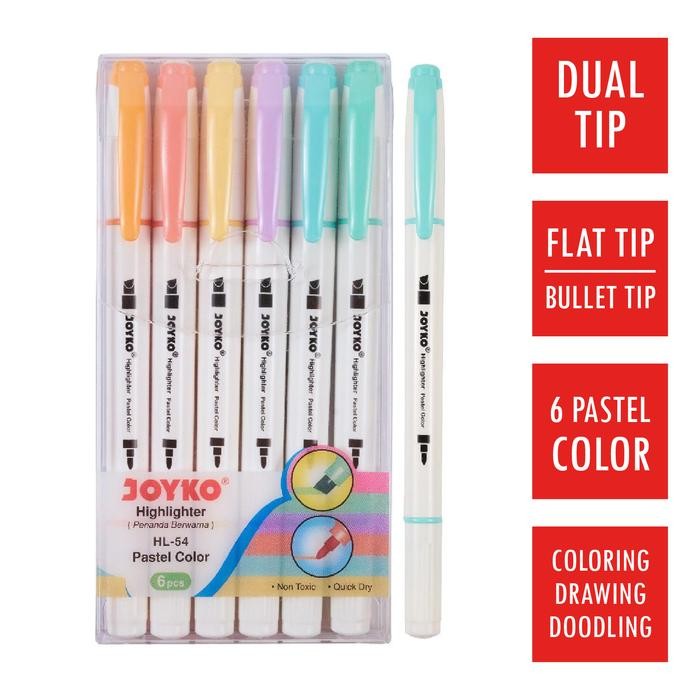 

New (6 Pcs) Spidol Highlighter Marker Pastel 6 Warna 2 in 1 JOYKO HL-54 Dual Tip