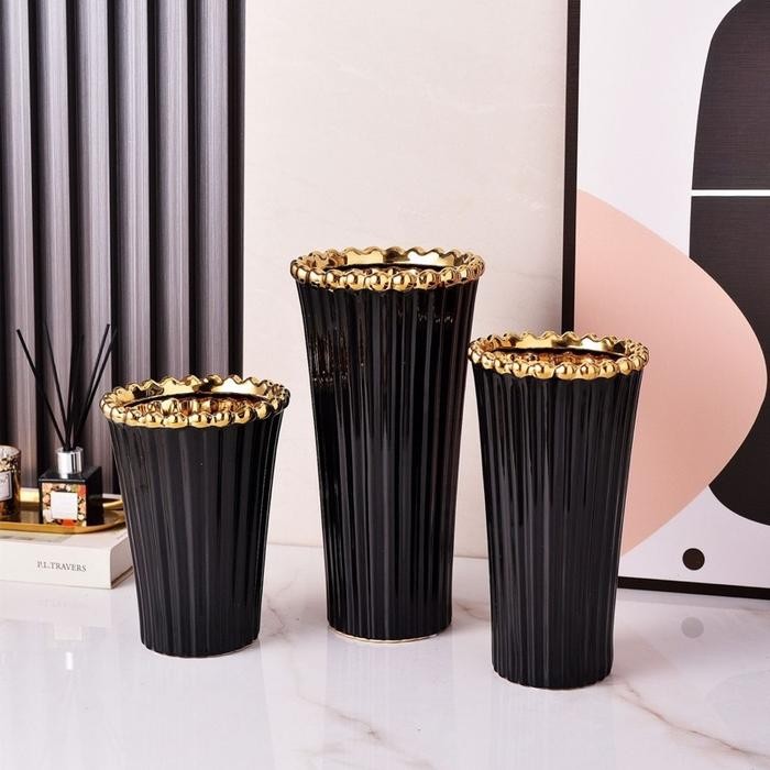 Cosmo Vase Gold Vas Bunga keramik hitam putih emas cantik garis tinggi besar