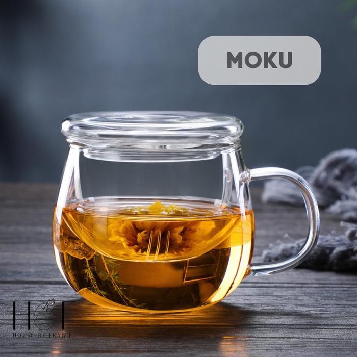 PROMO MOKU GELAS TEH DENGAN SARINGAN DAN TUTUP CANGKIR TEH KACA TEA CUP MUG TEH GELAS INFUSER